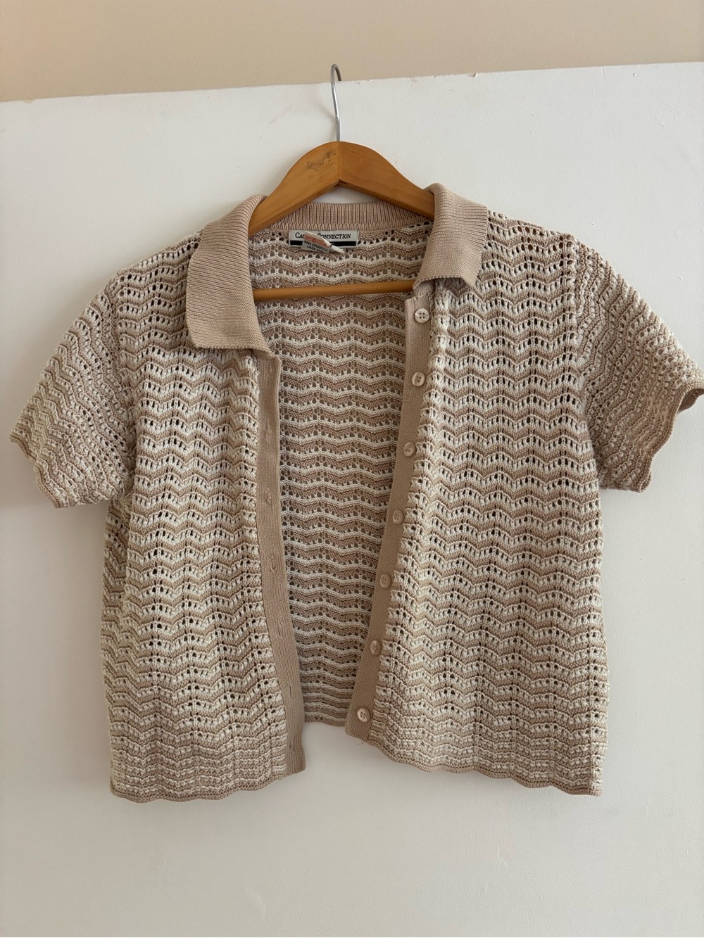 Casual Connection Beige Crochet Short Sleeve Button Cardigan